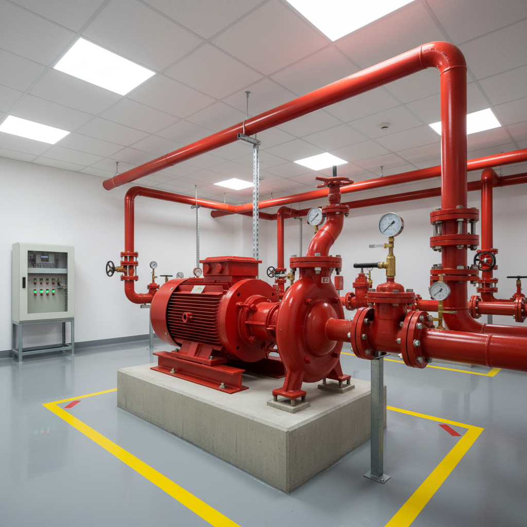 A spacious indoor fire protection pump room housing a gleaming red fire-fighting pump set mounted on a concrete plinth, connected to a network of thick, red-painted steel pipes, pressure gauges, and check valves. Stainless steel fittings and flanges reflect the cool, white LED lighting from the ceiling. On one wall, a compact electrical control cabinet with status lamps oversees the system. The gray epoxy-coated floor is spotless, with painted safety markings guiding pathways. Shot from a slightly low, wide-angle perspective, the composition highlights the pump in the foreground while pipes recede into the distance, creating depth. The mood is secure, robust, and dependable, with photographic realism emphasizing compliance, safety, and professional fire protection engineering.