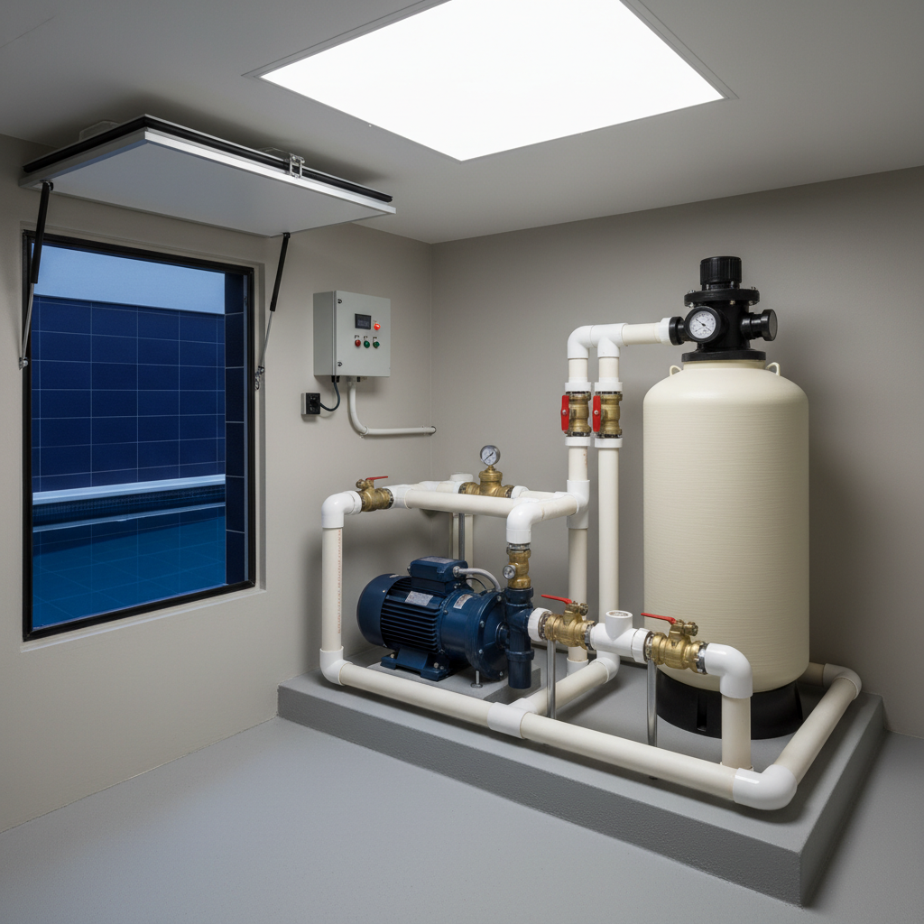 A refined private pool technical room showcasing a compact, high-end pumping and filtration system. A glossy, blue-tiled pool edge is visible through an open service hatch, while inside, a powerful electric pump, sand filter, and manifold of white PVC pipes are arranged with impeccable order on a clean, light-gray floor. Pressure gauges, valves, and a small electrical control box with indicator lights complete the installation. Soft, diffused artificial lighting from a ceiling panel illuminates the scene evenly, minimizing shadows and giving every component a crisp, photographic clarity. Shot from a slightly elevated, three-quarter angle, the composition feels tidy and accessible. The mood is calm, orderly, and trustworthy, conveying professional-level installation quality for residential pools and small water features.
