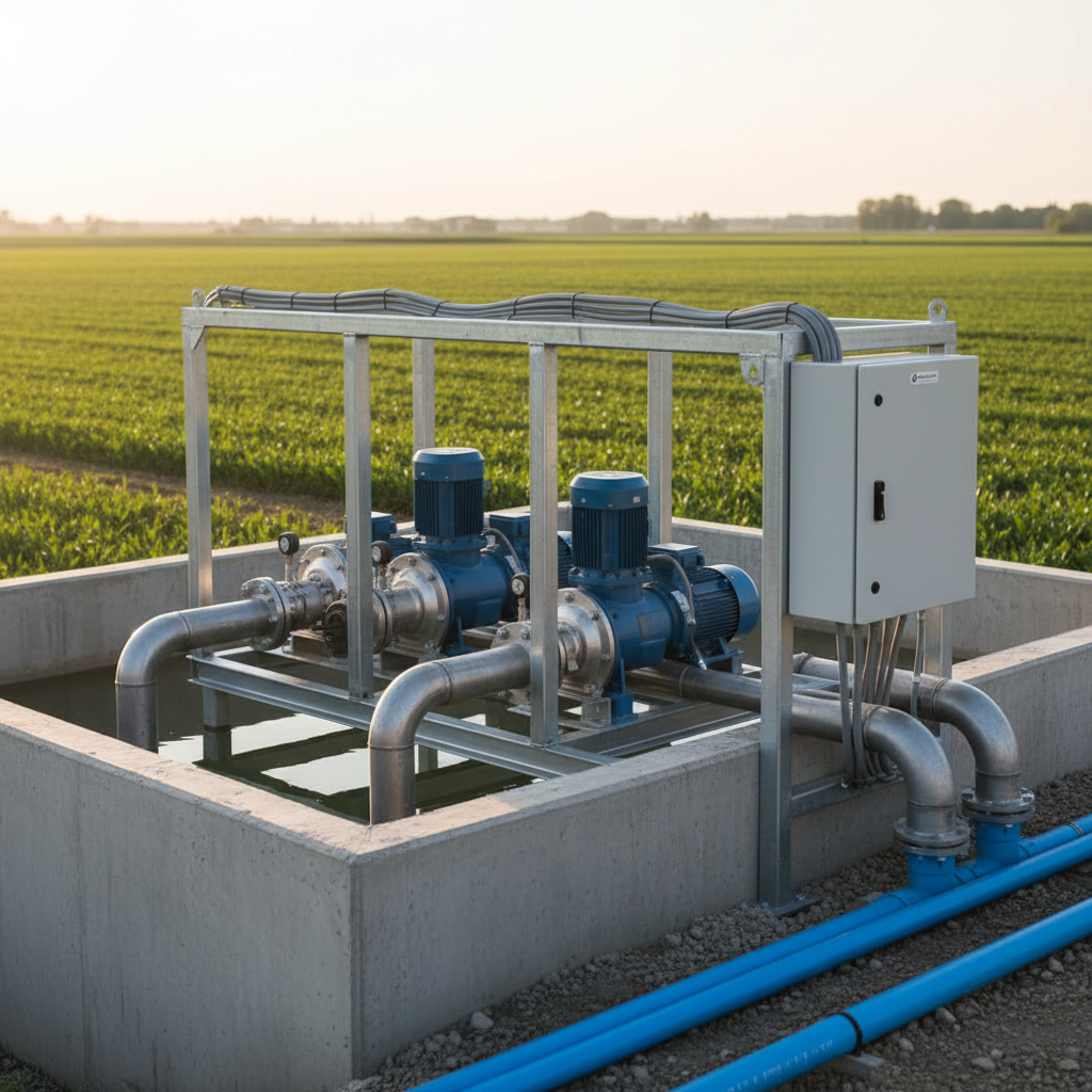 An outdoor technical installation for a water lifting and irrigation system, showing a row of horizontal multistage pumps and electric motors mounted on a sturdy metal frame beside a reinforced concrete tank. Galvanized steel pipes and blue PVC lines branch out toward cultivated green fields in the distance, slightly blurred. Cable conduits run neatly along the frame toward a weatherproof electrical control box. Late afternoon natural light casts a warm, golden glow over the equipment, creating soft, elongated shadows and subtle highlights on the metallic surfaces. Captured from a slightly elevated angle using rule-of-thirds composition, the image balances the technical foreground with the agricultural landscape. The mood is efficient and sustainable, highlighting reliable Italian electromechanical solutions for irrigation and water management.