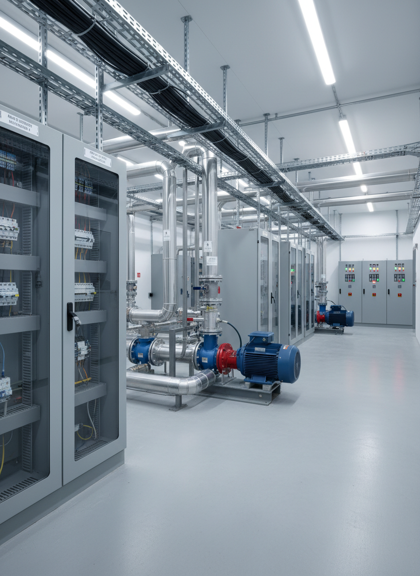 A wide photographic view of a modern industrial electromechanical plant room, filled with neatly organized electrical panels, metal cable trays, and robust control cabinets with colored indicator lights. Heavy-duty motors, pumps, and metallic piping systems run along the floor and ceiling, all labeled with clean, technical markings. The environment is spotless, with smooth concrete floors and light gray painted walls. Cool, even LED lighting from overhead fixtures creates crisp highlights on the metal surfaces and soft, controlled shadows, emphasizing precision and order. Captured at eye level with sharp focus throughout, the composition uses leading lines from the cable trays and pipes to draw the eye into the depth of the space. The mood is highly professional, reliable, and efficient, with a clean, realistic photographic style that reflects advanced Italian electromechanical engineering.