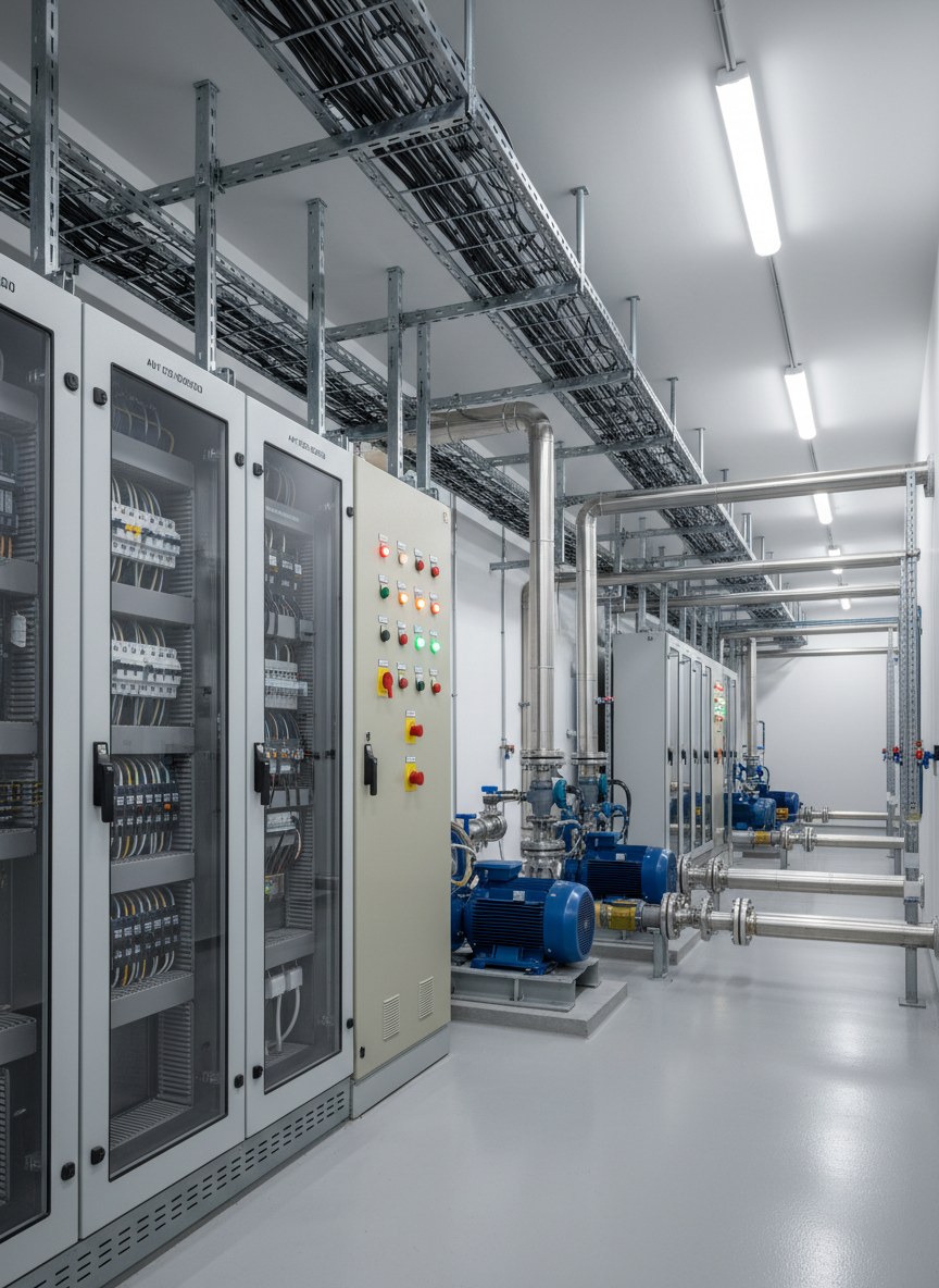 A wide photographic view of a modern industrial electromechanical plant room, filled with neatly organized electrical panels, metal cable trays, and robust control cabinets with colored indicator lights. Heavy-duty motors, pumps, and metallic piping systems run along the floor and ceiling, all labeled with clean, technical markings. The environment is spotless, with smooth concrete floors and light gray painted walls. Cool, even LED lighting from overhead fixtures creates crisp highlights on the metal surfaces and soft, controlled shadows, emphasizing precision and order. Captured at eye level with sharp focus throughout, the composition uses leading lines from the cable trays and pipes to draw the eye into the depth of the space. The mood is highly professional, reliable, and efficient, with a clean, realistic photographic style that reflects advanced Italian electromechanical engineering.