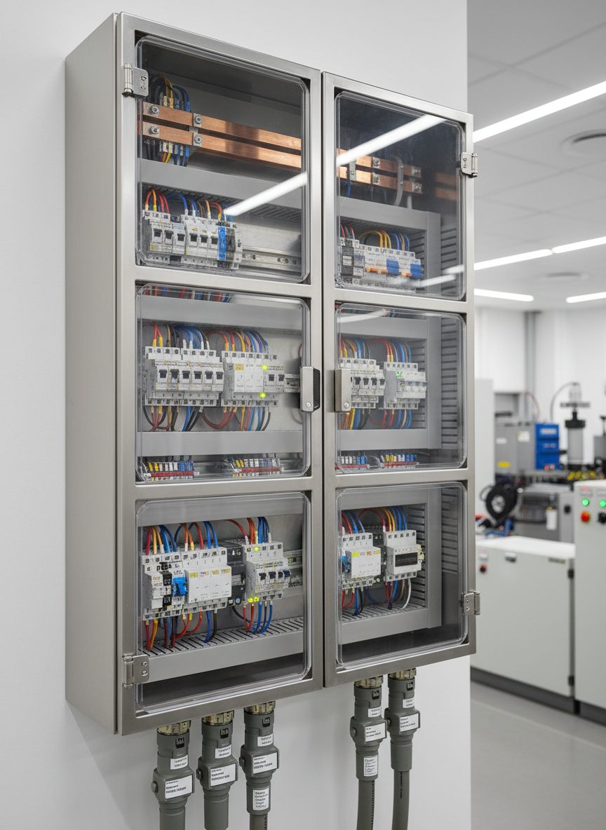 A detailed close-up of an industrial electrical control panel dedicated to a waste treatment plant, featuring rows of metallic switchgear, clearly separated power busbars, and intricately arranged wiring ducts. Colored indicator LEDs glow green and amber, while digital displays show process values. Heavy-duty shielded cables enter the panel from below, each secured and labeled. The panel is mounted against a smooth white wall in a bright technical room, with additional cabinets softly blurred in the background. Neutral, diffused overhead lighting minimizes harsh reflections, providing clear readability of every component. Photographic realism from a slightly angled front view emphasizes complexity yet order, creating a mood of technical competence, safety, and reliability suitable for high-performance environmental and waste treatment installations.